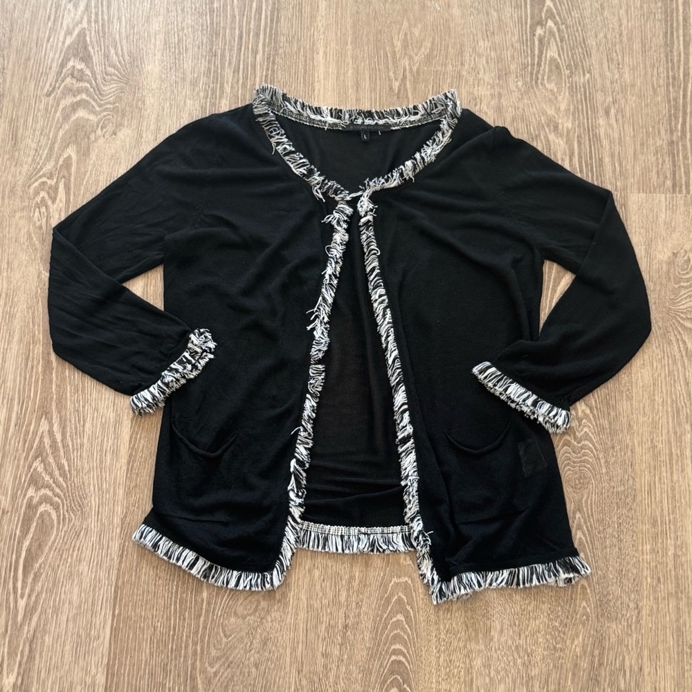 Silvian Heach Women’s Fringe Trimmed Pocket Cardigan 3/4 Sleeve Whimsigoth Sz L